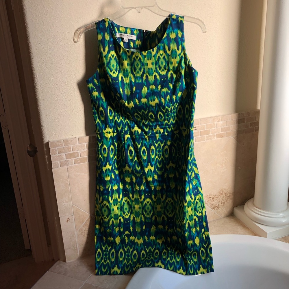 Blue, yellow, and green dress